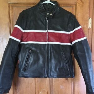 Women's Black Leather Jacket with Red & White Stripe